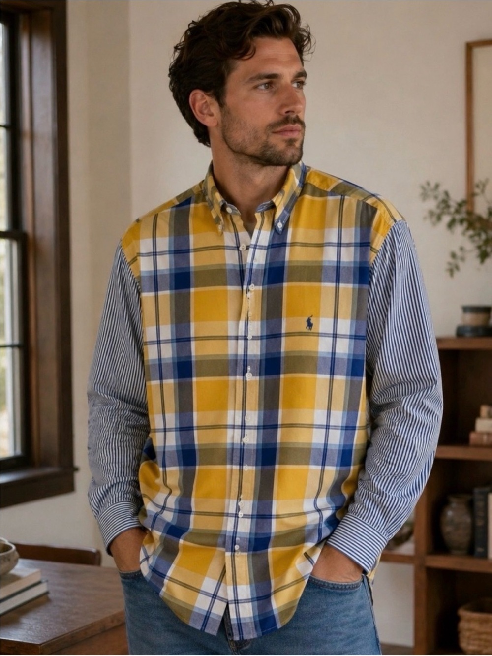 Ralph Lauren Plaid Pinstripes Button Down Shirt Preppy Office 100% Cotton Size M